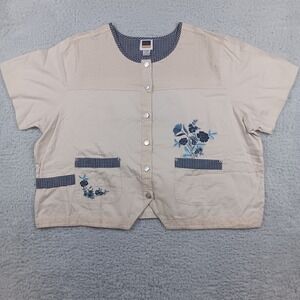 C.S.T. Sport Button Up Top Women 3X Beige Floral‎ Embroidered Gingham Trim
